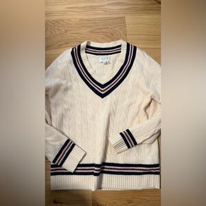J. Crew Cream Cashmere V-Neck Sweater with Navy and Red Accents